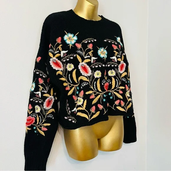 Boho Black Embroidered Floral Knit Sweater – Cottagecore Chic – Size Small - Picture 3 of 5